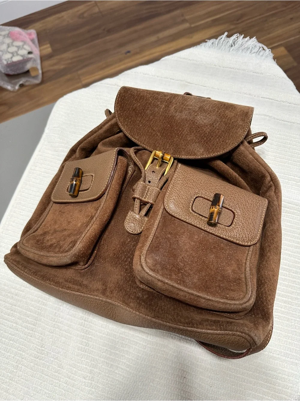 Gucci Brown Suede & Leather Backpack with Bamboo Handle